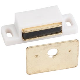 15 lb. White Single Magnetic Catch with Polished Brass Strike and Screws