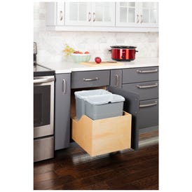 Double 35 Quart Wood Bottom-Mount Soft-close Trashcan Rollout for Hinged Doors, Includes Two Grey Cans