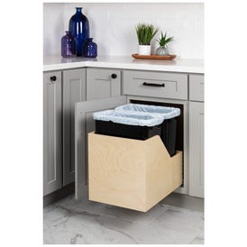 Double 35 Quart Wood Bottom-Mount Soft-close Trashcan Rollout for Hinged Doors, Includes Two Black Cans