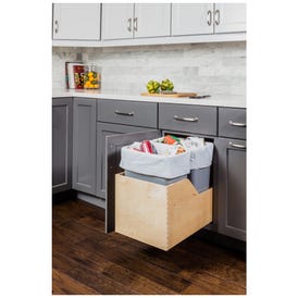 Double 35 Quart Wood Bottom-Mount Soft-close Trashcan Rollout for Hinged Doors, Includes Two Grey Cans
