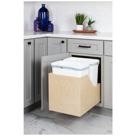 Double 35 Quart Wood Bottom-Mount Soft-close Trashcan Rollout for Hinged Doors, Includes Two White Cans