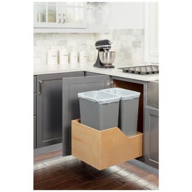 Double 50 Quart Wood Bottom-Mount Soft-close Trashcan Rollout for Hinged Doors, Includes Two Grey Cans