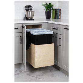 Double 50 Quart Wood Bottom-Mount Soft-close Trashcan Rollout for Hinged Doors, Includes Two Black Cans