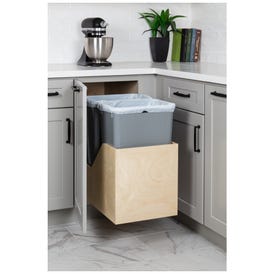 Double 50 Quart Wood Bottom-Mount Soft-close Trashcan Rollout for Hinged Doors, Includes Two Grey Cans