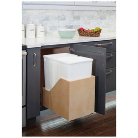 Double 50 Quart Wood Bottom-Mount Soft-close Trashcan Rollout for Hinged Doors, Includes Two White Cans