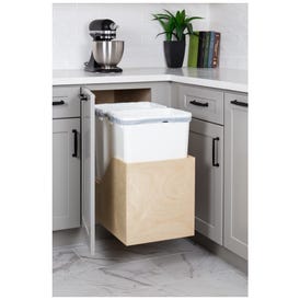 Double 50 Quart Wood Bottom-Mount Soft-close Trashcan Rollout for Hinged Doors, Includes Two White Cans