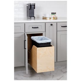 Single 35 Quart Wood Bottom-Mount Soft-close Trashcan Rollout for Hinged Doors, Includes One Black Can