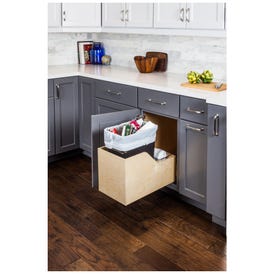 Single 35 Quart Wood Bottom-Mount Soft-close Trashcan Rollout for Hinged Doors, Includes One Black Can