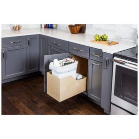 Single 35 Quart Wood Bottom-Mount Soft-close Trashcan Rollout for Hinged Doors, Includes One White Can