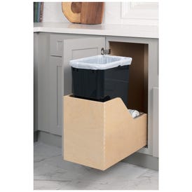 Single 50 Quart Wood Bottom-Mount Soft-close Trashcan Rollout for Hinged Doors, Includes One Black Can