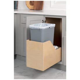 Single 50 Quart Wood Bottom-Mount Soft-close Trashcan Rollout for Hinged Doors, Includes One Grey Can
