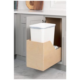 Single 50 Quart Wood Bottom-Mount Soft-close Trashcan Rollout for Hinged Doors, Includes One White Can