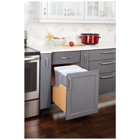 Double 35 Quart Wood Bottom-Mount Soft-close Trashcan Rollout for Door Mounting, Includes Two Grey Cans
