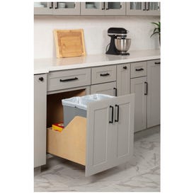 Double 35 Quart Wood Bottom-Mount Soft-close Trashcan Rollout for Door Mounting, Includes Two Grey Cans and Door Joining Bracket
