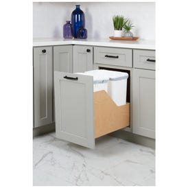 Double 35 Quart Wood Bottom-Mount Soft-close Trashcan Rollout for Door Mounting, Includes Two White Cans