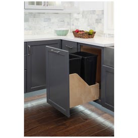 Double 50 Quart Wood Bottom-Mount Soft-close Trashcan Rollout for Door Mounting, Includes Two Black Cans