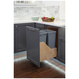 Double 50 Quart Wood Bottom-Mount Soft-close Trashcan Rollout for Door Mounting, Includes Two Grey Cans