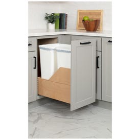 Double 50 Quart Wood Bottom-Mount Soft-close Trashcan Rollout for Door Mounting, Includes Two White Cans
