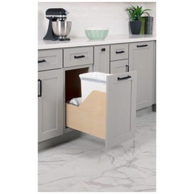 Single 35 Quart Wood Bottom-Mount Soft-close Trashcan Rollout for Door Mounting, Includes One White Can