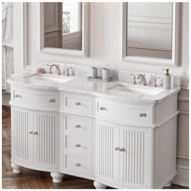 61" Compton-only White Carrara Marble Vanity Top, double rectangle bowl cutouts